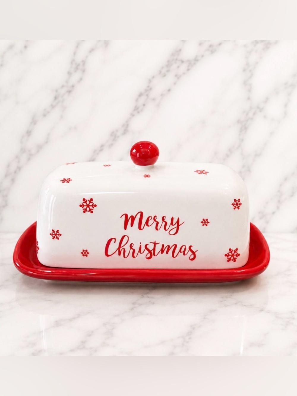 Merry Christmas Red and White Ceramic Butter Dish-NEW